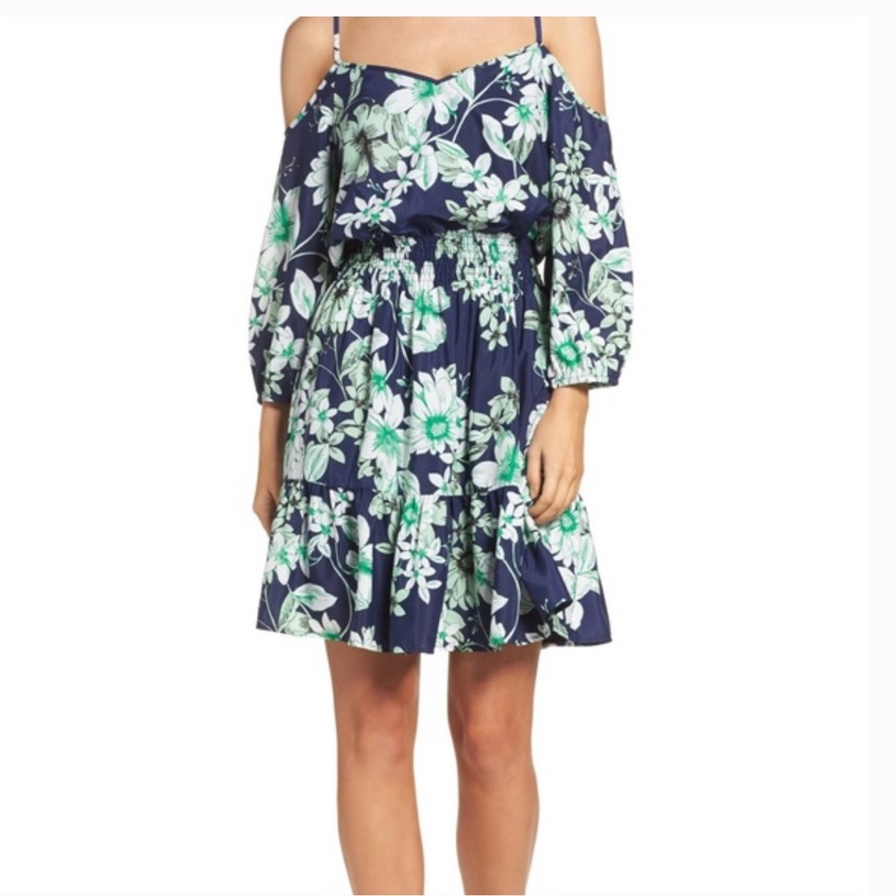NWT Eliza J Cold Shoulder Blue Floral Print Dress Ruffle Hem Size 6